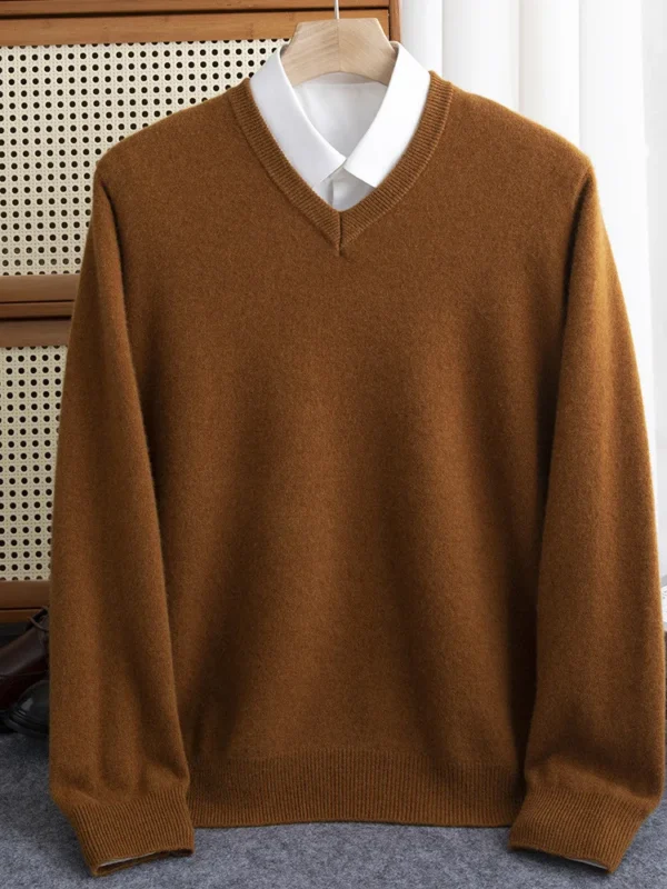 S9d2d757cc3214c4e8b6bad038fa3310bO.webp Men 100% Merino Wool Sweater V-Neck Pullover Autumn.